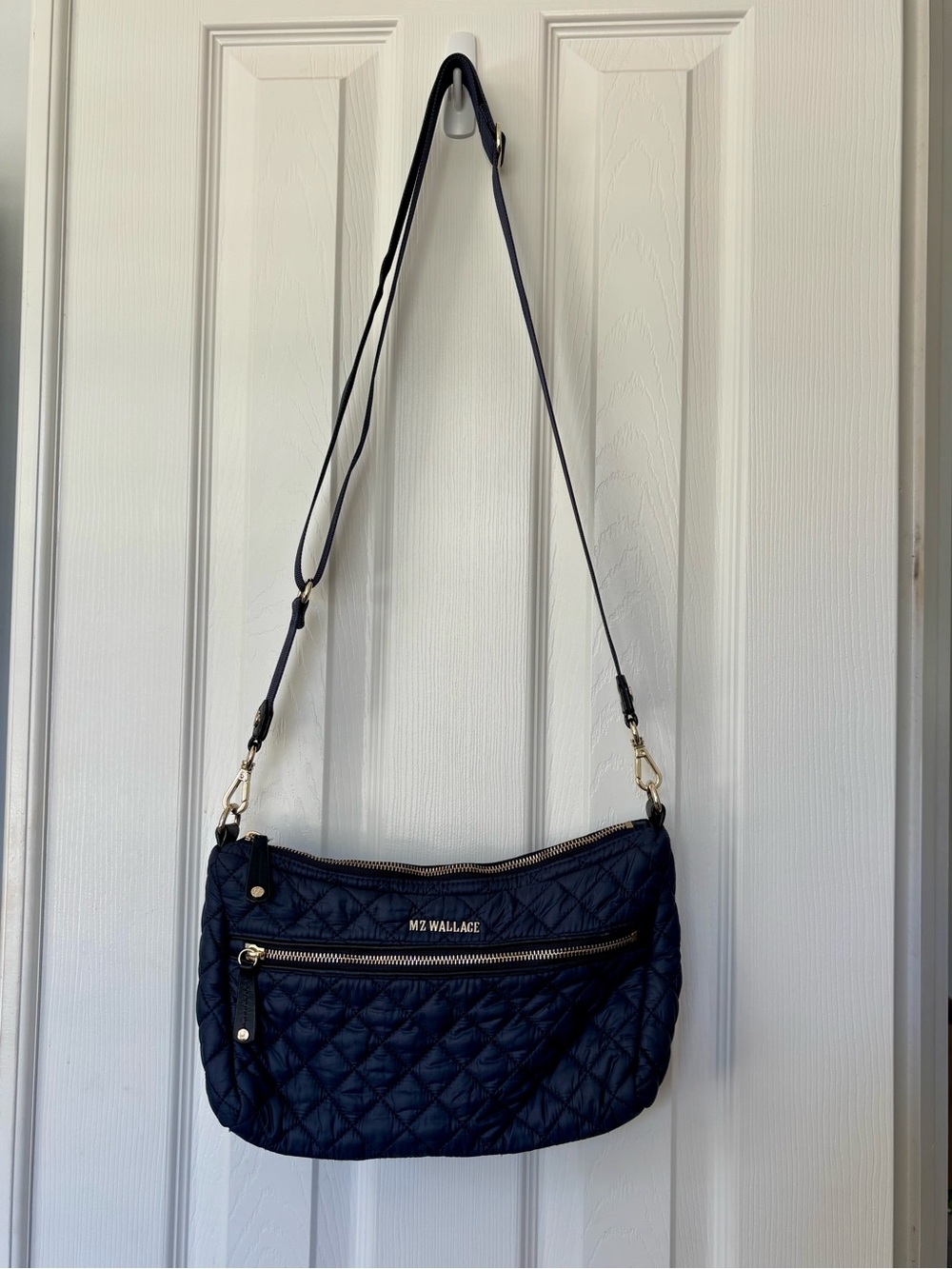 MZ Wallace Quilted Navy Crossbody with Gold Hardware